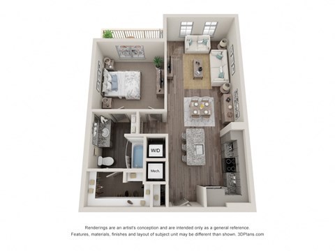Floor plan for 1 bed, 1 bath, 799 sqft